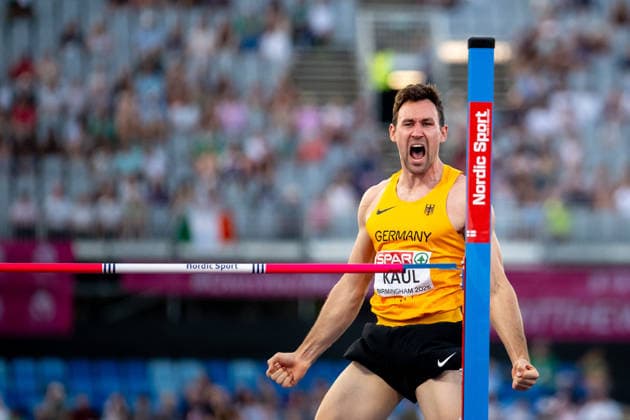 August 12, 2026, GBR, Track and Field, 2026 European Championships, Morning Session, Day 3, Birmingham; Niklas Kaul of Germany celebrates a jump, Men s Decathlon, High Jump, Birmingham Alexander Stadium, England, Great Britain Copyright: xNordphoto Memmlerx