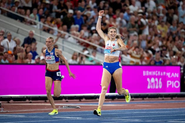 August 12, 2026, GBR, Track and Field, 2026 European Championships, Morning Session, Day 3, Birmingham: Emma Zapletalova of Slovakia celebrates her victory and gold medal at the finish line, Women’s 400-meter hurdles, Final, Alexander Stadium, Birmingham, England, Great Britain Copyright: xNordphoto Memmlerx