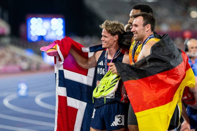 August 13, 2026: Sander Aae Skotheim of Norway celebrates after the men’s decathlon 1,500-meter race on Day 4 of the 2026 European Athletics Championships on August 13, 2026 in Birmingham. Photo by Mathias Bergeld, BILDBYRAN, code MB MT1068. track and field, athletics, friidrett, friidrotts EM, 2026 European Athletics Championships, 4 BBENG Copyright: MATHIASxBERGELD BB260813MB145