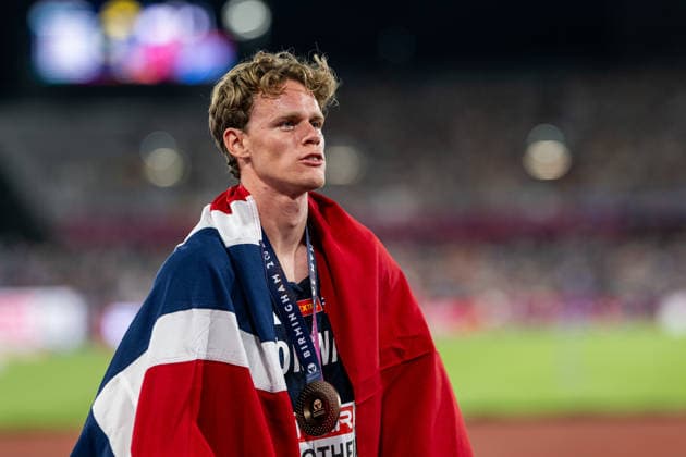 August 13, 2026: Sander Aae Skotheim of Norway celebrates after the men’s decathlon 1,500-meter race on Day 4 of the 2026 European Athletics Championships on August 13, 2026 in Birmingham. Photo by Mathias Bergeld, BILDBYRAN, code MB MT1068. track and field, athletics, friidrett, friidrotts EM, 2026 European Athletics Championships, 4 BBENG Copyright: MATHIASxBERGELD BB260813MB147