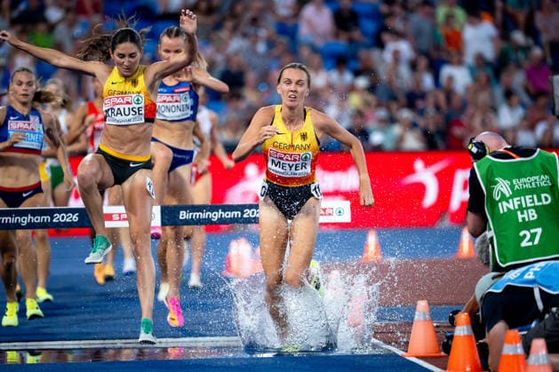 August 13, 2026, GBR, Track and Field, 2026 European Championships, Evening Session, Day 4, Birmingham: Lea Meyer (Germany) and Gesa Felicitas Krause (Germany) in the water jump, Women’s 3,000-meter Steeplechase, Final, Alexander Stadium, Birmingham, England, Great Britain Copyright: xNordphoto Memmlerx