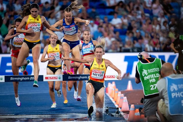 August 13, 2026, GBR, Track and Field, 2026 European Championships, Evening Session Day 4, Birmingham: Gesa Felicitas Krause (Germany), Ilona Mononen (Finland), Lea Meyer (Germany) in the water jump, Women’s 3,000-meter Steeplechase, Final, Birmingham Alexander Stadium, England, Great Britain Copyright: xNordphoto Memmlerx