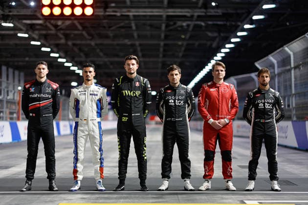2026 FORMULA E LONDON ePRIX Championship contenders, Formula E Drivers, class of 2025-26, MORTARA Edoardo (swi), Mahindra Racing, Mahindra M12Electro, portrait, WEHRLEIN Pascal (ger), Porsche Formula E Team, Porsche 99X Electric, portrait, DENNIS Jake (gbr), Andretti Formula E, Porsche 99X Electric, portrait, EVANS Mitch (nzl), Jaguar TCS Racing, Jaguar I-Type 7, portrait, ROWLAND Oliver (gbr), Nissan Formula E Team, Nissan e-4ORCE 05, portrait, DA COSTA Antonio Felix (prt), Jaguar TCS Racing, Jaguar I-Type 7, portrait during the London ePrix, 16th and 17th round of the 2025-26 ABB FIA Formula E World Championship, WM, Weltmeisterschaft on the ExCel London Circuit from August 14 to 16, 2026 in London, United Kingdom - LondonUnited Kingdom Copyright: xPauloxMariax