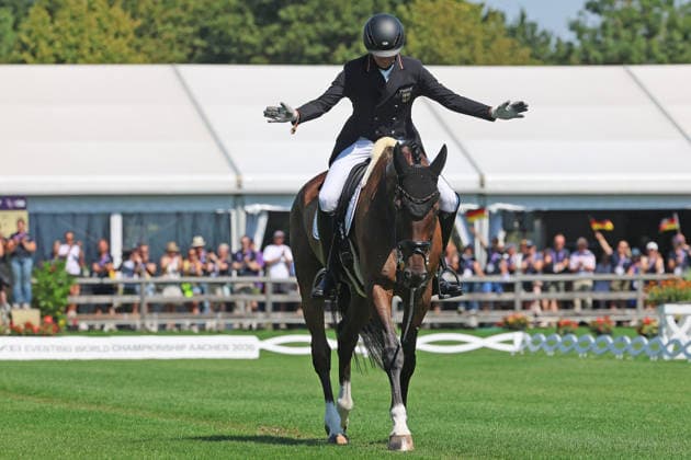Christoph Wahler GER, Germany, riding DAccord FRH, dressage test, celebration, emotion, eventing dressage, FEI Eventing World Championship, DHL Prize, Individual and Team, AACHEN FEI World Championships 2026, World Equestrian Festival, 2026 World Equestrian Games, Aachen 2026, Welcome Home 2026, Aachen Soers, August 11–23, 2026, Equestrian Sports, August 14, 2026, Aachen Soers, Germany