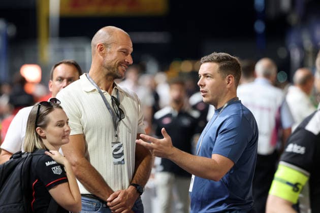 Aksel Lund Svindal (NOR), former ski racer, in conversation with Thomas Weirather (AUT), Senior Manager at WWP Group, in the pit lane, FIA Formula E World Championship, Season 12, London E-Prix, August 14, 2026,