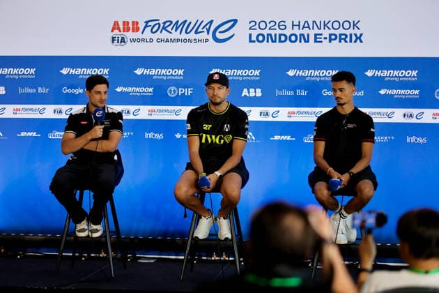 2026 FORMULA E LONDON ePRIX EVANS Mitch (nzl), Jaguar TCS Racing, Jaguar I-Type 7, portrait, DENNIS Jake (gbr), Andretti Formula E, Porsche 99X Electric, portrait, WEHRLEIN Pascal (ger), Porsche Formula E Team, Porsche 99X Electric, portrait press conference, PK, Pressekonferenz conference de presse during the London ePrix, 16th and 17th round of the 2025-26 ABB FIA Formula E World Championship, WM, Weltmeisterschaft on the ExCel London Circuit from August 14 to 16, 2026 in London, United Kingdom - LondonUnited Kingdom Copyright: xPauloxMariax