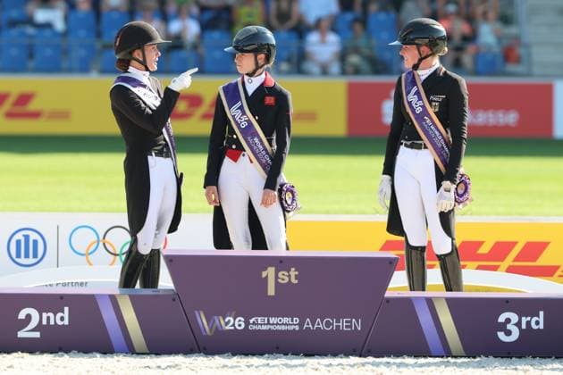 Awards Ceremony: 1st Place Charlotte Fry GBR, Great Britain, United Kingdom, Horse: Glamourdale; 2nd Place Cathrine Laudrup Dufour DEN, Denmark, Horse: Mount St John Freestyle; 3rd Place, Bronze, Katharina Hemmer GER, Germany, Denoix PCH, Dressage, FEI Dressage World Championship MEGGLE Prize, Grand Prix Special, Individual Classification, AACHEN FEI World Championships 2026, World Festival of Equestrian Sports, 2026 Equestrian World Championships, Aachen 2026, Welcome Home 2026, Aachen Soers, August 11–23, 2026, Equestrian Sports, August 14, 2026, Aachen Soers, Germany