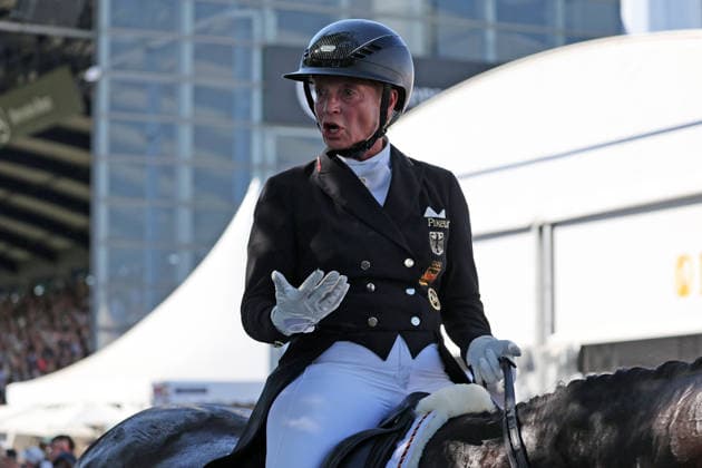 4th place, a frustrated Isabell Werth (GER, Germany) riding Wendy de Fontaine; emotion, frustration, disappointment after the ride; dressage; FEI Dressage World Championship MEGGLE Prize; Grand Prix Special; individual standings, AACHEN FEI World Championships 2026, World Equestrian Festival, 2026 World Equestrian Championships, Aachen 2026, Welcome Home 2026, Aachen Soers, August 11–23, 2026, Equestrian Sports, August 14, 2026, Aachen Soers, Germany