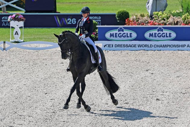 1st place, winner Charlotte Fry GBR, Great Britain, United Kingdom, riding Glamourdale, dressage, FEI Dressage World Championship MEGGLE Prize, Grand Prix Special, individual competition, AACHEN FEI World Championships 2026, World Equestrian Festival, 2026 World Equestrian Championships, Aachen 2026, Welcome Home 2026, Aachen Soers, August 11–23, 2026, Equestrian Sports, August 14, 2026, Aachen, Aachener Soers, Germany