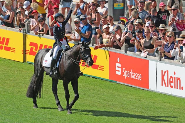 1st place, winner Charlotte Fry GBR, Great Britain, United Kingdom, riding Glamourdale, Celebration, Emotion, Joy, Dressage, FEI Dressage World Championship MEGGLE Prize, Grand Prix Special, Individual Competition, AACHEN FEI World Championships 2026, World Festival of Equestrian Sports, 2026 Equestrian World Championships, Aachen 2026, Welcome Home 2026, Aachen Soers, August 11–23, 2026, Equestrian Sports, August 14, 2026, Aachen Soers, Germany