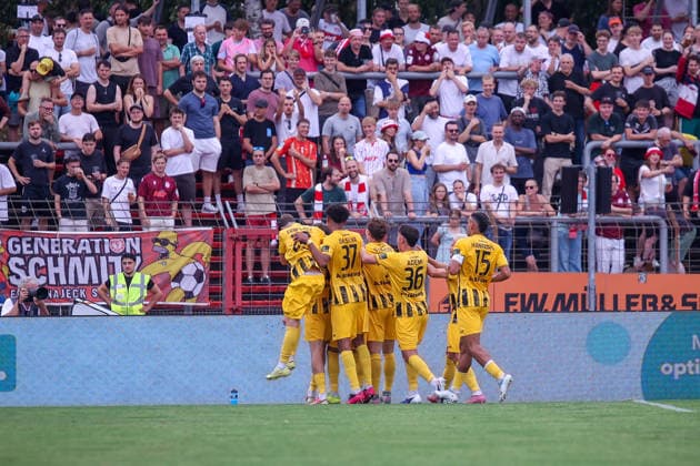 August 15, 2026, xsefx, Soccer, SC Fortuna Köln vs. TSV Alemannia Aachen, 3. Liga, Südstation, Matchday 2, 2026–2027 Season. Celebrations after the penalty kick goal that made it 1–0, scored by Mehdi Loune. Alemannia Aachen 10. DFB regulations prohibit any use of photographs as image sequences and or quasi-video. North Rhine-Westphalia, Germany