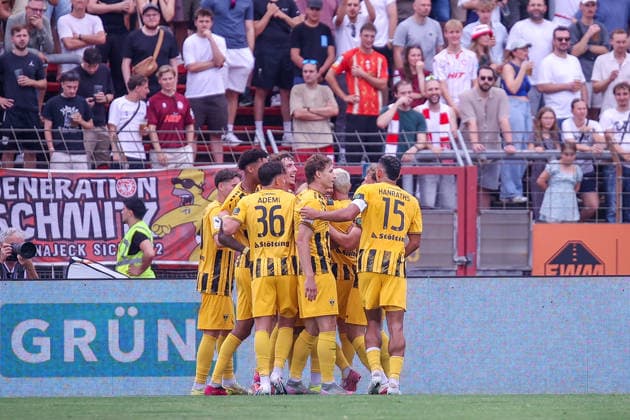 August 15, 2026, xsefx, Soccer, SC Fortuna Köln vs. TSV Alemannia Aachen, 3. Liga, Südstation, Matchday 2, 2026–2027 Season. Celebrations after the penalty kick goal that made it 1–0, scored by Mehdi Loune. Alemannia Aachen 10. DFB regulations prohibit any use of photographs as image sequences and or quasi-video. North Rhine-Westphalia, Germany