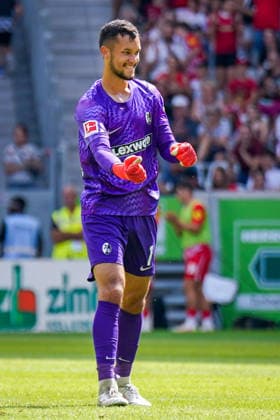 German Soccer, Season Opener, Exhibition Match, Friendly Match, August 15, 2026, SC Freiburg vs. Crystal Palace FC (England), Europa-Park Stadium, Freiburg im Breisgau, Mio Backhaus, SC Freiburg, 1 Facial expression, Emotion, Joy, Emotions, Cheering, Sponsors, Advertising, Business, Jersey advertising, Equipment, Lexware Copyright: xJOERANxSTEINSIEKx