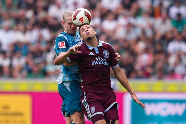 August 15, 2026, xydrx, Men s, Soccer, Season Opener, Borussia Mönchengladbach vs. Aston Villa, 2026–2027 Season, ista, Borussia Park, David Herold, Borussia Mönchengladbach, No. 20 in a tackle against Alysson Edward of Aston Villa, No. 47. DFB regulations prohibit any use of photographs as image sequences and or quasi-video. Copyright: HMBxMedia YannisxDreimann
