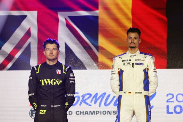 Jake Dennis, second in Race 1 and in the championship, and winner Pascal Wehrlein (GER, Porsche 94), the World Championship leader, on the podium, FIA Formula E World Championship, Season 12, London E-Prix, August 15, 2026, Excel Exhibition Center,