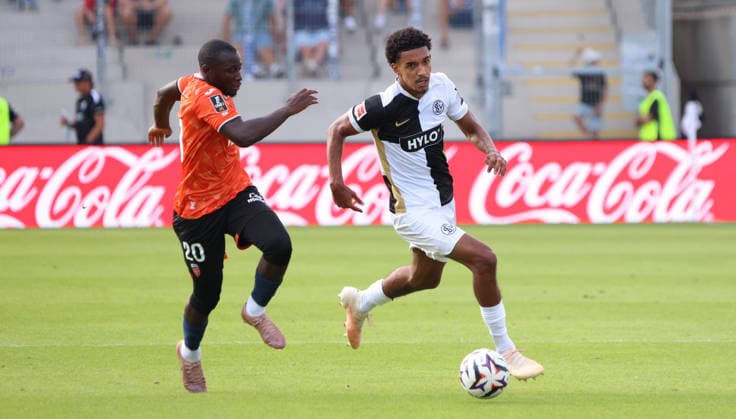 August 15, 2026, Soccer, Men s, Friendly, 2026–2027 Season, SV 07 Elversberg vs. FC Lorient, Dembo Sylla (FC Lorient) vs. Francis Onyeka (SV 07 Elversberg), Ursapharm Arena in Elversberg, Saarland, Germany (DEU) Copyright: xFabianxKleerx