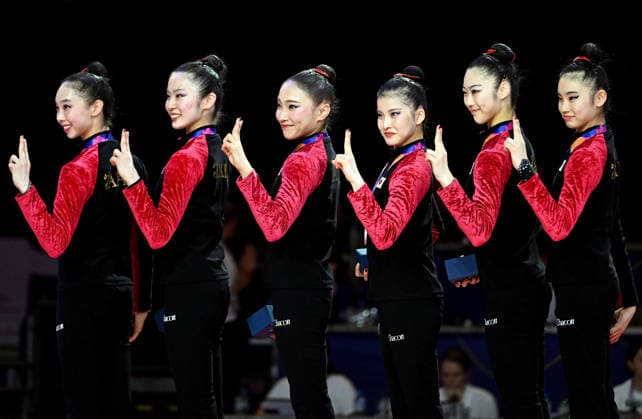 August 15, 2026, xhbx, 2026 Rhythmic Gymnastics World Championships, from left: Team, Group, Japan, Medal Ceremony for the Group All-Around Final, 2nd place, silver, Frankfurt am Main