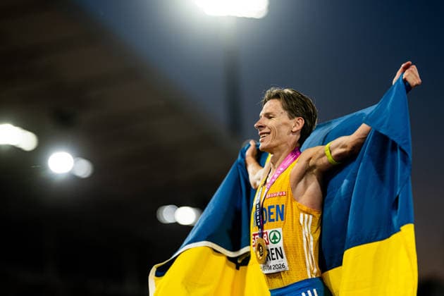 August 15, 2026: Andreas Almgren of Sweden celebrates after the men’s 10,000-meter race on Day 6 of the 2026 European Athletics Championships on August 15, 2026 in Birmingham. Photo by Mathias Bergeld, BILDBYRAN. Code: MB MT1071. track and field, athletics, friidrett, friidrotts EM, 2026 European Athletics Championships, Day 6, BBENG, celebration Copyright: MATHIASxBERGELD BB260815MB131