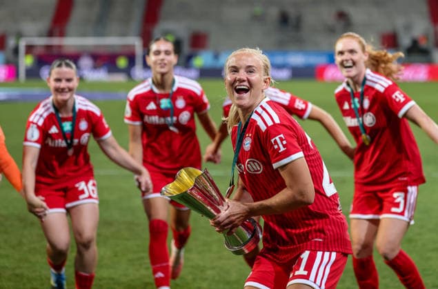 GER, Ingolstadt, Bayern Munich vs. VfL Wolfsburg, DFB, Google Pixel Women’s Super Cup, Soccer, 2026–2027 Season, Audi Sportpark, Final in Pictures: FC Bayern Munich Women win the Women’s Super Cup, winning the final 3–0 against Wolfsburg, Celebration, joy, and emotion with the trophy, Pernille Harder, FC Bayern Munich Women 21. DFB and DFL regulations prohibit any use of photographs as image sequences and or quasi-video. August 15, 2026 Copyright: HMBxMedia HendrikxHamelau