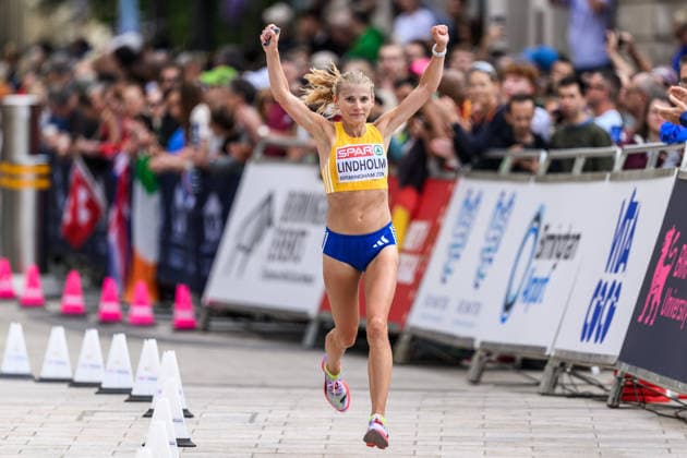 August 16, 2026: Hanna Lindholm of Sweden celebrates after the women’s marathon on Day 7 of the 2026 European Athletics Championships in Birmingham. 2026 in Birmingham. Photo by Mathias Bergeld, BILDBYRAN, code MB MT1072. track and field, athletics, friidrett, friidrotts EM, 2026 European Athletics Championships, Day 7, marathon, celebration, Sweden Copyright: MATHIASxBERGELD BB260816MB056
