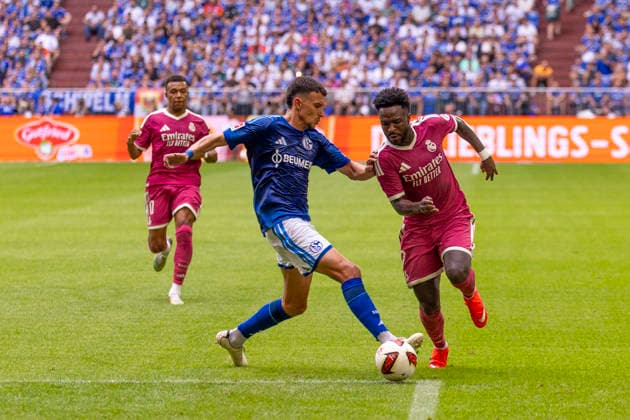 August 15, 2026, Soccer, Friendly Match: FC Schalke 04 vs. Real Madrid CF, featuring Dejan Ljubicic (FC Schalke 04) and Vinicius Junior (Real Madrid CF), Gelsenkirchen, Veltins Arena, North Rhine-Westphalia, Germany, xRHR, PHOTO: DEx Copyright: DennisxEwert RHR-FOTOx RHR-FOTO DE