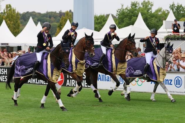 Lap of Honor, 1st Place Eventing Team, Gemma Stevens GBR, Great Britain, riding Flash Cooley; Tom McEwen GBR, Great Britain, riding JL Dublin; Laura Collett GBR, Great Britain, riding London 52; Rosalind Canter GBR, Great Britain, riding Lordships Graffalo; Eventing, FEI Eventing World Championship, DHL Prize, Individual and Team, AACHEN FEI World Championships 2026, World Equestrian Festival, 2026 World Equestrian Championships, Aachen 2026, Welcome Home 2026, Aachen Soers, August 11–23, 2026, Equestrian Sports, August 16, 2026, Aachen Soers, Germany