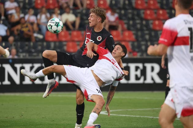 August 16, 2026, VfB Stuttgart II vs. FC Viktoria Köln, Germany, Großaspach, August 16, 2026, Soccer, 3rd Division, 2026–2027 season VfB Stuttgart II vs. FC Viktoria Köln Nicolas Sessa, VfB, right, Niklas Swider, Köln