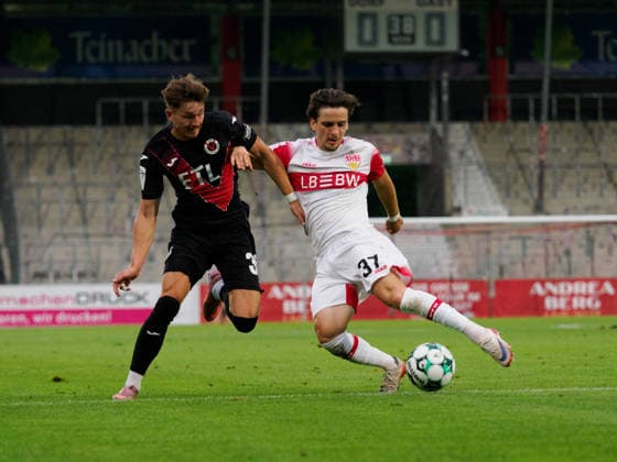 Tackle between Alexander Prokopenko (FC Viktoria Cologne, 30) and David Preu (VfB Stuttgart U23, 37) GER, Soccer, VfB Stuttgart II vs. Viktoria Cologne, 3rd Division, Matchday 2, 2026–2027 Season, August 16, 2026 GER, Soccer, VfB Stuttgart II vs. Viktoria Cologne, 3rd Division, Matchday 2, 2026–2027 season, August 16, 2026 Aspach Copyright: xCarstenxSchweringx EP_CSG