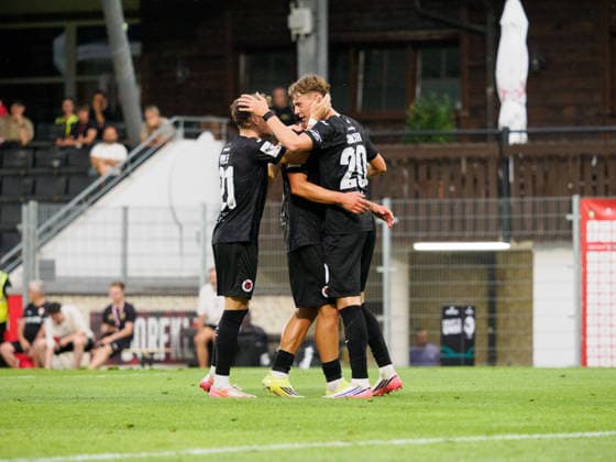 Goal celebration following an own goal by Maximilian Herwerth of VfB Stuttgart U23, 04, Niklas Swider (FC Viktoria Cologne), 20, was involved in the tackle GER, Soccer, VfB Stuttgart II vs. Viktoria Cologne, 3rd Division, Matchday 2, 2026–2027 season, August 16, 2026 GER, Soccer, VfB Stuttgart II vs. Viktoria Cologne, 3. Liga, Matchday 2, 2026–2027 season, August 16, 2026 Aspach Copyright: xCarstenxSchweringx EP_CSG