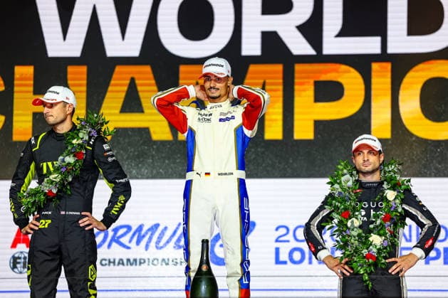 From left: Jake Dennis, Andretti Formula E, 27; Pascal Wehrlein, Porsche Formula E Team, 94; celebration, joy, laughter on the podium after the race; World Champion; World Driver Champion; Mitch Evans, Jaguar TCS Racing, 09, ABB FIA Formula E World Championship, 2026 London e-Prix, United Kingdom, Season 12 (2025–26), Round 17, July 16, 2026, ABB FIA Formula E World Championship, London ePrix 2026, United Kingdom, Season 12 (2025–26), Round 17, July 16, 2026, London Copyright: xEibner-Pressefoto LauraxRoemerx EP_LRR