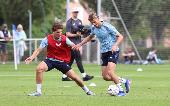 Soufian Gouram, Marton Dardai: Tackle, Game Scene, Action, Sports, Soccer, Soccer Season 2026–2027, 2. Bundesliga Men, DFL, August 18, 2026, Training, Hertha BSC Berlin. DFL regulations prohibit any use of photographs as image sequences and or quasi-video.