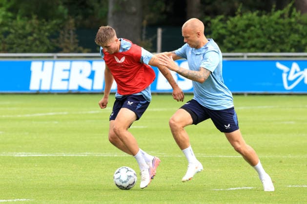 August 18, 2026, Germany, Soccer, 2. Bundesliga, 2026–2027 Season, Sportforum, Hertha BSC, Training: Paul Seguin, Hertha BSC Berlin 30, Jon Dagur Thorsteinsson, Hertha BSC Berlin 23, 2. Bundesliga, DFB and DFL regulations prohibit any use of photographs as image sequences and or quasi-video, Berlin Sportforum, Berlin, Germany Copyright: xNordphotox xEnglerx