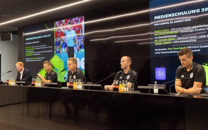 Media Training Session Hosted by DFB Schiri GmbH From left: Benjamin Schmedes (Bundesliga), Director of Sports and Board Member; Dr. Jochen Drees, Head of Video Assistants at DFB Schiri GmbH; Alexander Feuerherdt, Head of Media Relations and Communications at DFB Schiri GmbH; Marco Fritz, Head of Evaluation at DFB Schiri GmbH, and FIFA Referee Daniel Siebert; Information Session on Media Training for Referees on August 18, 2026, in Frankfurt am Main, Frankfurt am Main, Hesse, Germany, DFB Campus