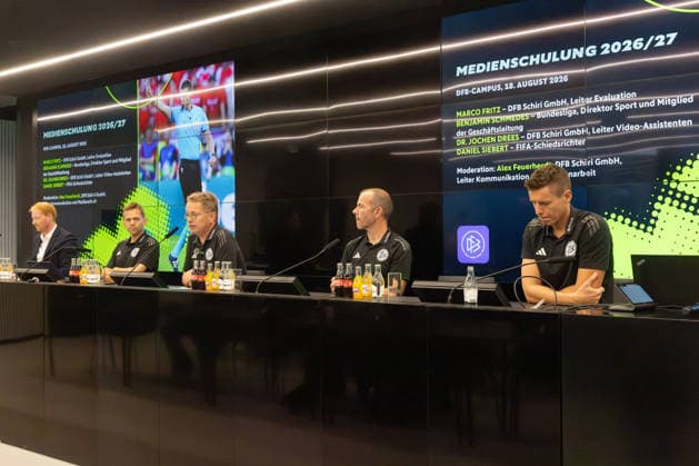 Media Training Session Hosted by DFB Schiri GmbH From left: Benjamin Schmedes (Bundesliga), Director of Sports and Board Member; Dr. Jochen Drees, Head of Video Assistants at DFB Schiri GmbH; Alexander Feuerherdt, Head of Media Relations and Communications at DFB Schiri GmbH; Marco Fritz, Head of Evaluation at DFB Schiri GmbH, and FIFA Referee Daniel Siebert; Information Session on Media Training for Referees on August 18, 2026, in Frankfurt am Main, Frankfurt am Main, Hesse, Germany, DFB Campus
