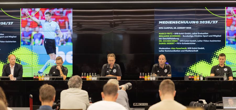Media Training Session Hosted by DFB Schiri GmbH From left: Benjamin Schmedes (Bundesliga), Director of Sports and Board Member; Dr. Jochen Drees, Head of Video Assistants at DFB Schiri GmbH; Alexander Feuerherdt, Head of Media Relations and Communications at DFB Schiri GmbH; Marco Fritz, Head of Evaluation at DFB Schiri GmbH, and FIFA Referee Daniel Siebert; Information Session on Media Training for Referees on August 18, 2026, in Frankfurt am Main, Frankfurt am Main, Hesse, Germany, DFB Campus