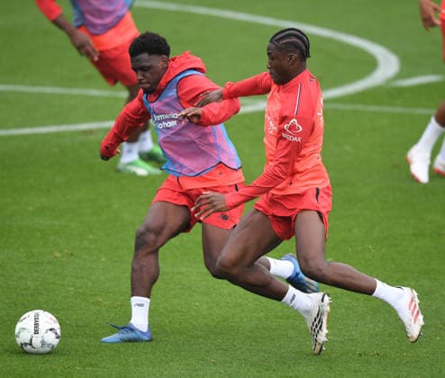 August 18, 2026, xophax, Soccer, Bundesliga 1, Bayer 04 Leverkusen, Practice, 2026–2027 Season, Ernest Poku (Bayer 04 Leverkusen, left) and Axel Tape (Bayer 04 Leverkusen, right)