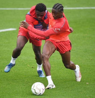 August 18, 2026, xophax, Soccer, Bundesliga 1, Bayer 04 Leverkusen, Practice, 2026–2027 Season, Ernest Poku (Bayer 04 Leverkusen, left) and Axel Tape (Bayer 04 Leverkusen, right)