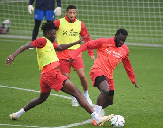 August 18, 2026, xophax, Soccer, Bundesliga 1, Bayer 04 Leverkusen, Practice, 2026–2027 Season. From left to right: Edmond Tapsoba, Ezequiel Fernandez, and Victor Boniface. Bayer 04 Leverkusen, Leverkusen