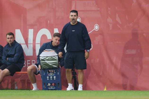 August 18, 2026, Men s, Soccer, 2026–2027 season, Bavarian Regional League, Matchday 5: TSV Aubstadt vs. TSV 1860 Munich; Alper Kayabunar, head coach of TSV 1860 Munich, gives instructions at the Sulzfeld School Stadium in Aubstadt (NGN Arena), Bavaria, Germany