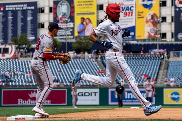 Atlanta Braves first basemen Matt Olson (28) tags out Washington Nationals right fielder James Wood (29) in the bottom of the first inning during a game at Nationals Park in Washington, DC on Wednesday, September 2, 2026. WAP20260902407 BONNIExCASH