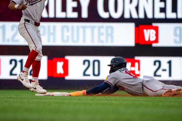 Atlanta Braves right fielder Ronald Acuna Jr. (13) slides to steal second base in the top of the sixth inning during a game against the Washington Nationals at Nationals Park in Washington, DC on Wednesday, September 2, 2026. The Braves beat the Nationals 9-0. WAP20260902457 BONNIExCASH