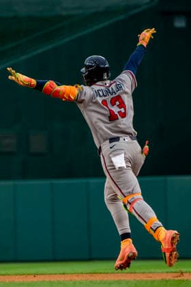 Atlanta Braves right fielder Ronald Acuna Jr. (13) celebrates hitting a home run in the top of the seventh inning during a game against the Washington Nationals at Nationals Park in Washington, DC on Wednesday, September 2, 2026. The Braves beat the Nationals 9-0. WAP20260902473 BONNIExCASH
