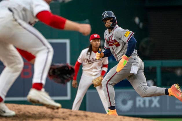 Atlanta Braves right fielder Ronald Acuna Jr. (13) steals second base in the top of the sixth inning during a game against the Washington Nationals at Nationals Park in Washington, DC on Wednesday, September 2, 2026. The Braves beat the Nationals 9-0. WAP20260902455 BONNIExCASH