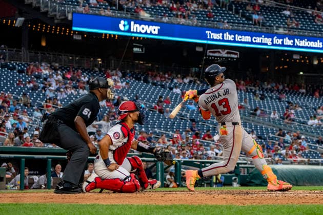 Atlanta Braves right fielder Ronald Acuna Jr. (13) hits a home run in the top of the seventh inning during a game against the Washington Nationals at Nationals Park in Washington, DC on Wednesday, September 2, 2026. The Braves beat the Nationals 9-0. WAP20260902470 BONNIExCASH