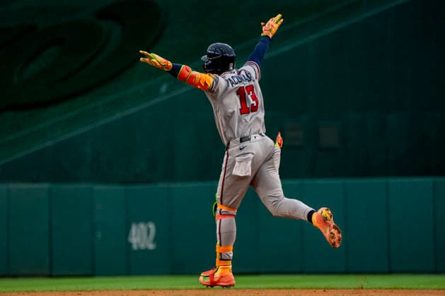 Atlanta Braves right fielder Ronald Acuna Jr. (13) celebrates hitting a home run in the top of the seventh inning during a game against the Washington Nationals at Nationals Park in Washington, DC on Wednesday, September 2, 2026. The Braves beat the Nationals 9-0. WAP20260902474 BONNIExCASH