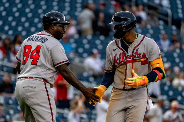 Atlanta Braves right fielder Ronald Acuna Jr. (13) celebrates with third base coach Tommy Watson after hitting a home run in the top of the seventh inning during a game against the Washington Nationals at Nationals Park in Washington, DC on Wednesday, September 2, 2026. The Braves beat the Nationals 9-0. WAP20260902475 BONNIExCASH