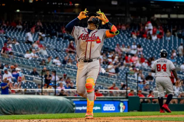 Atlanta Braves right fielder Ronald Acuna Jr. (13) celebrates hitting a home run in the top of the seventh inning during a game against the Washington Nationals at Nationals Park in Washington, DC on Wednesday, September 2, 2026. The Braves beat the Nationals 9-0. WAP20260902477 BONNIExCASH