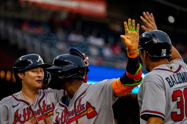Atlanta Braves right fielder Ronald Acuna Jr. (13) celebrates with Atlanta Braves short-stop Ha-Seong Kim (7) (L) and Atlanta Braves designated hitter Drake Baldwin (30) (R) after hitting a home run in the top of the seventh inning during a game against the Washington Nationals at Nationals Park in Washington, DC on Wednesday, September 2, 2026. The Braves beat the Nationals 9-0. WAP20260902479 BONNIExCASH