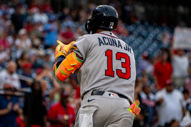 Atlanta Braves right fielder Ronald Acuna Jr. (13) celebrates hitting a home run in the top of the seventh inning during a game against the Washington Nationals at Nationals Park in Washington, DC on Wednesday, September 2, 2026. The Braves beat the Nationals 9-0. WAP20260902480 BONNIExCASH