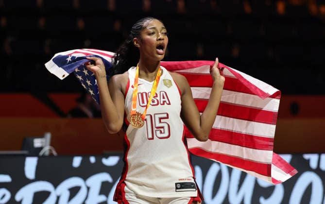 Angel Reese cheers and celebrates the World Championship: Joy, Emotion, Sports, Basketball, FIBA World Cup, Women s World Championship, World Championship Final, 2026-2027 Season, September 13, 2026, France vs. USA